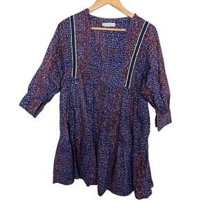 Maison Chateau Rouge Dress Womens Blue Red Abstract Puff Sleeve  V-Neck Boho